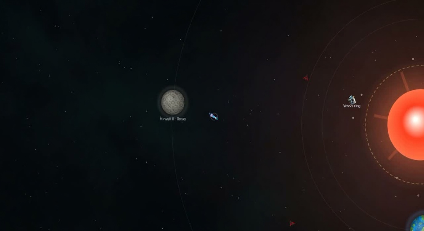 A small ship passing a rocky world